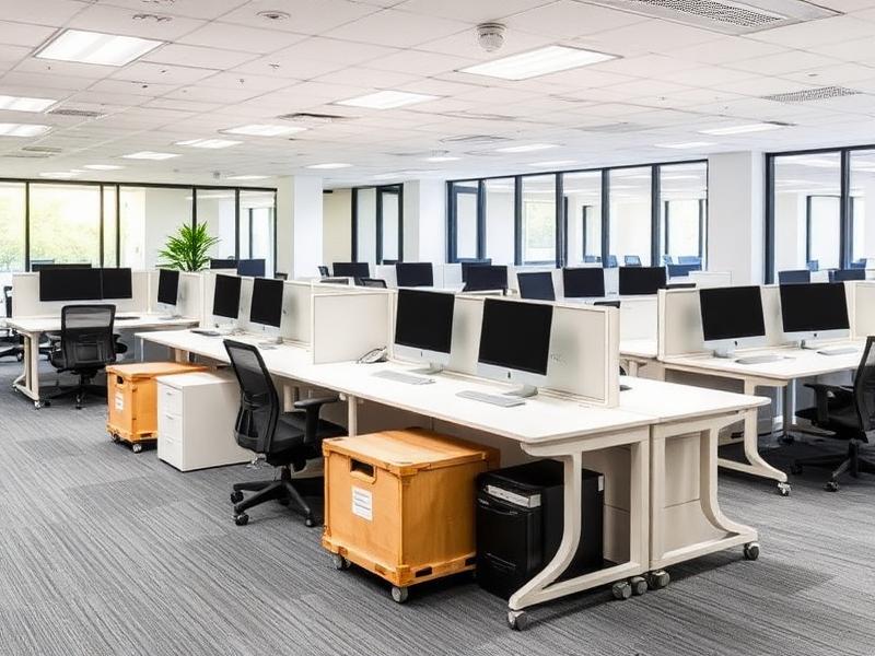Office desks and equipment crates staged for a commercial relocation