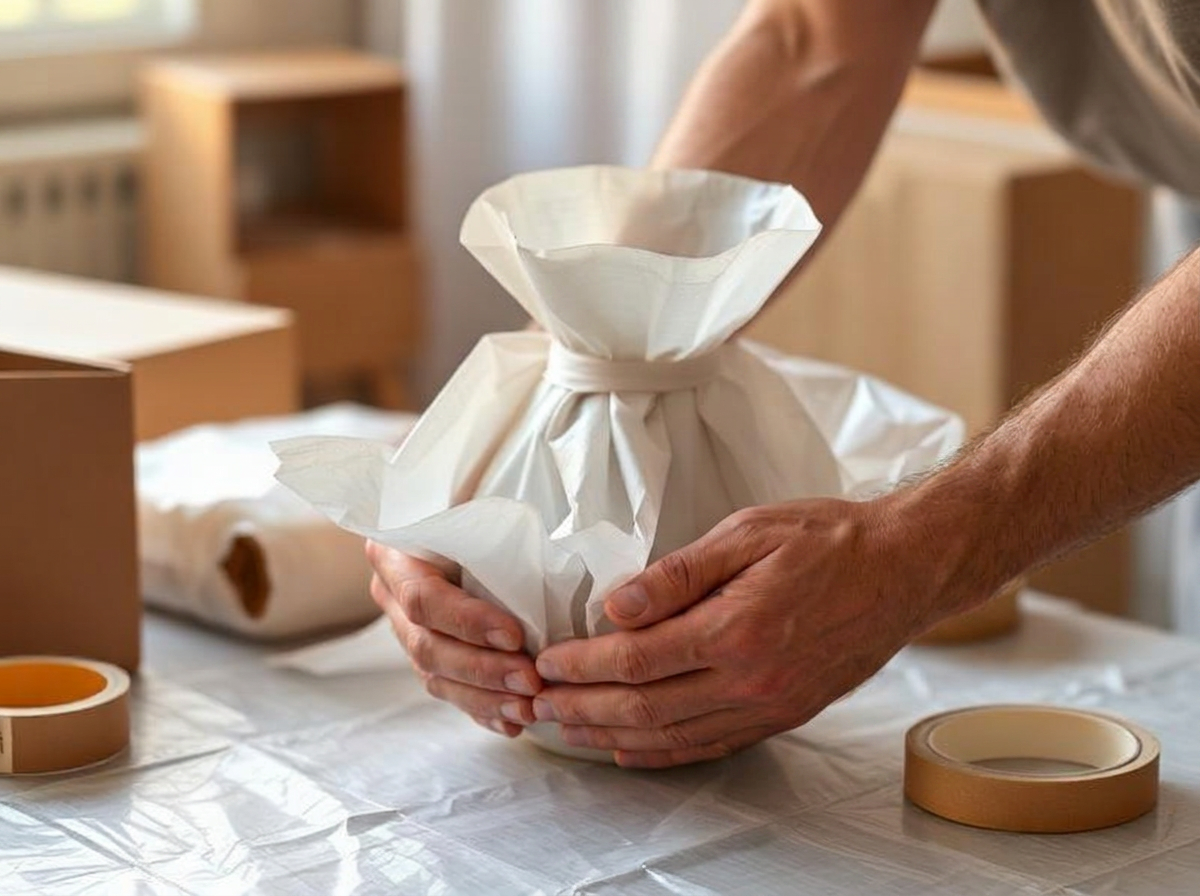 Hands wrapping a fragile vase in packing paper with premium materials