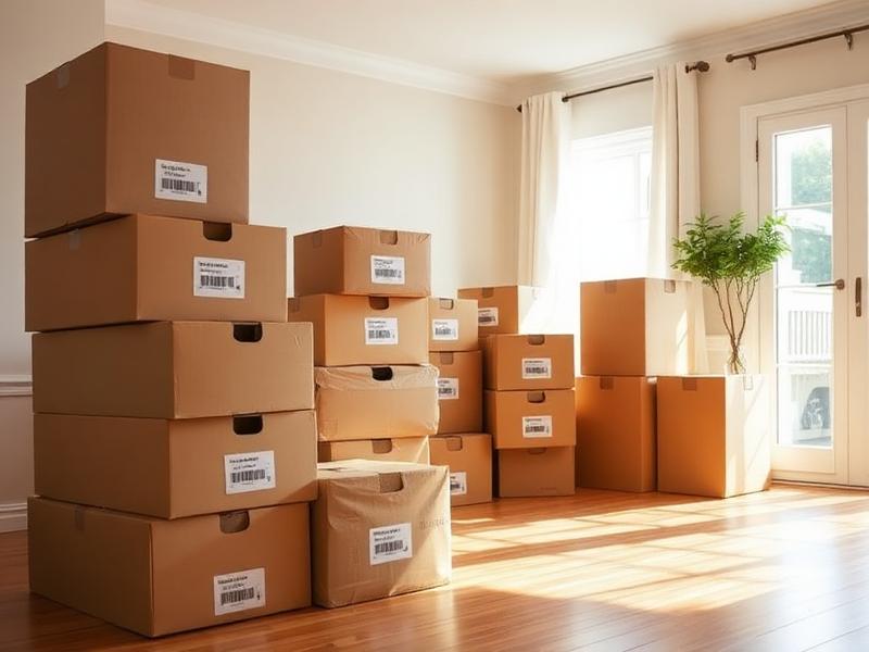 Labeled moving boxes stacked neatly in a sunlit living room