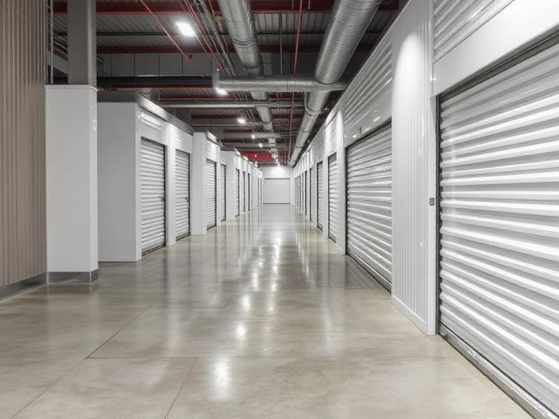 Clean climate-controlled storage corridor with metal roll-up doors